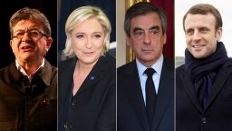 Candidates in the current French election, Jean-Luc Melenchon, Marine Le Pen, Francois Fillon, and Emmanuel Macron.