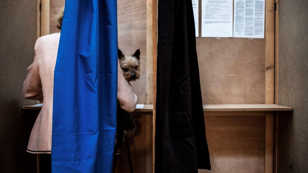 A woman brings her dog to a polling station in Lyon.