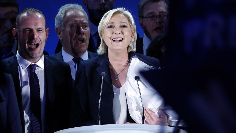 Marine Le Pen, leader of France's far-right National Front party, addresses activists in Henin-Beaumont, France, on Sunday, April 23. Le Pen finished second in the country's <a href="index.php?page=&url=http%3A%2F%2Fwww.cnn.com%2F2017%2F04%2F24%2Feurope%2Ffrench-presidential-election%2Findex.html" target="_blank">first round of presidential voting,</a> and she will face Emmanuel Macron in a runoff. It is the first time since the establishment of the fifth French Republic in 1958 that no candidate from the country's two main political parties has made it to the second round of voting.