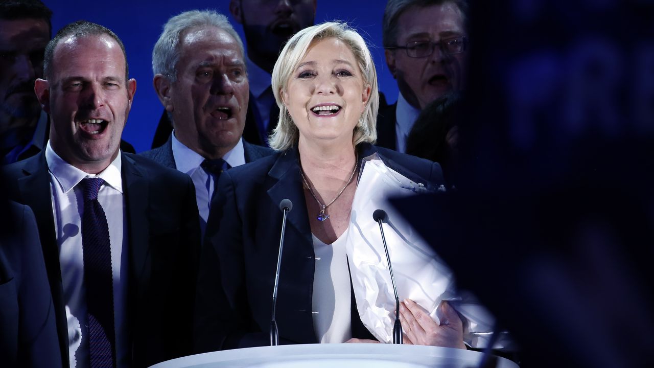 Marine Le Pen, leader of France's far-right National Front party, addresses activists in Henin-Beaumont, France, on Sunday, April 23. Le Pen finished second in the country's <a href="http://www.cnn.com/2017/04/24/europe/french-presidential-election/index.html" target="_blank">first round of presidential voting,</a> and she will face Emmanuel Macron in a runoff. It is the first time since the establishment of the fifth French Republic in 1958 that no candidate from the country's two main political parties has made it to the second round of voting.
