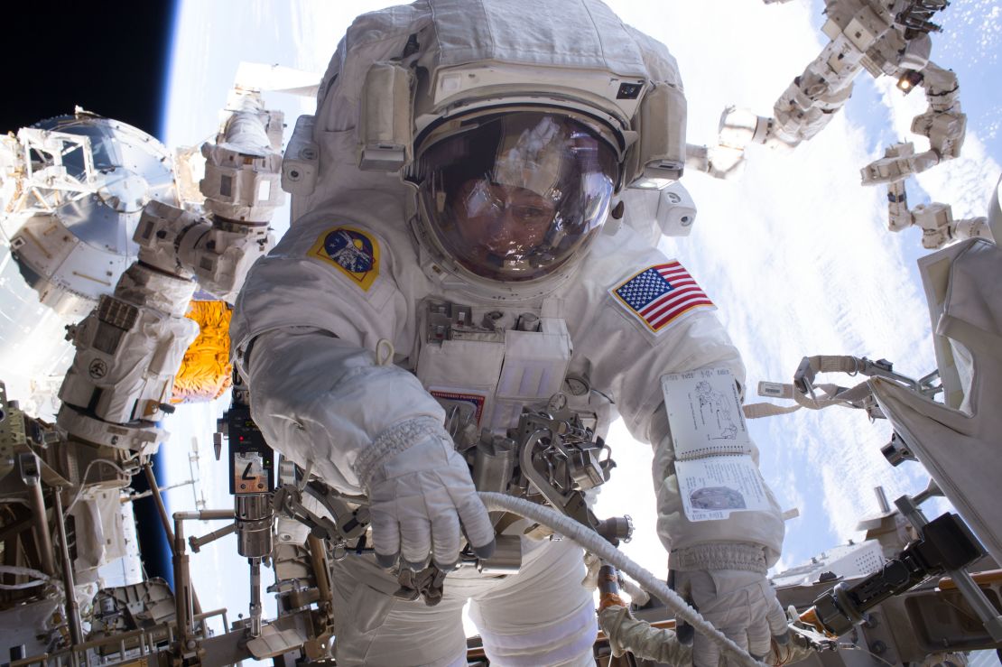 NASA astronaut Peggy Whitson works outside the international space station during a spacewalk in January 2017.