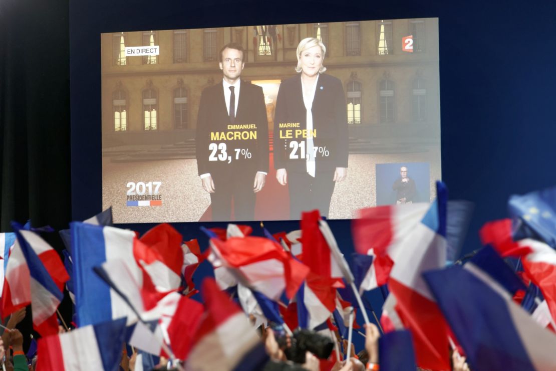 Voters react to early results of the French presidential election first round.