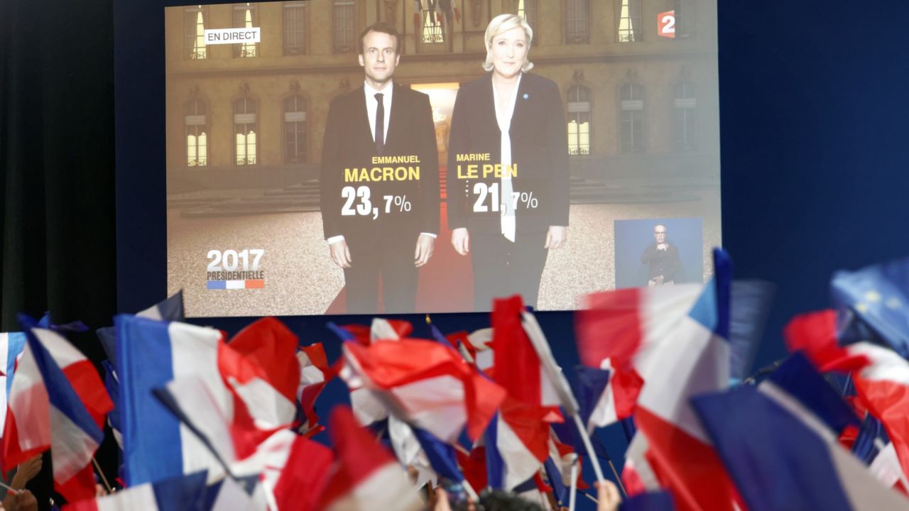 PARIS, FRANCE - APRIL 23:  A screen announces the results of the first round of the French Presidential Elections naming Founder and Leader of the political movement 'En Marche !' Emmanuel Macron with 23.7% and National Front Party Leader Marine Le Pen with 22% of the vote at Parc des Expositions Porte de Versailles on April 23, 2017 in Paris, France. Macron and Le Pen will compete in the next round of the French Presidential Elections on May 7 to decide the next President of France.  (Photo by Sylvain Lefevre/Getty Images)