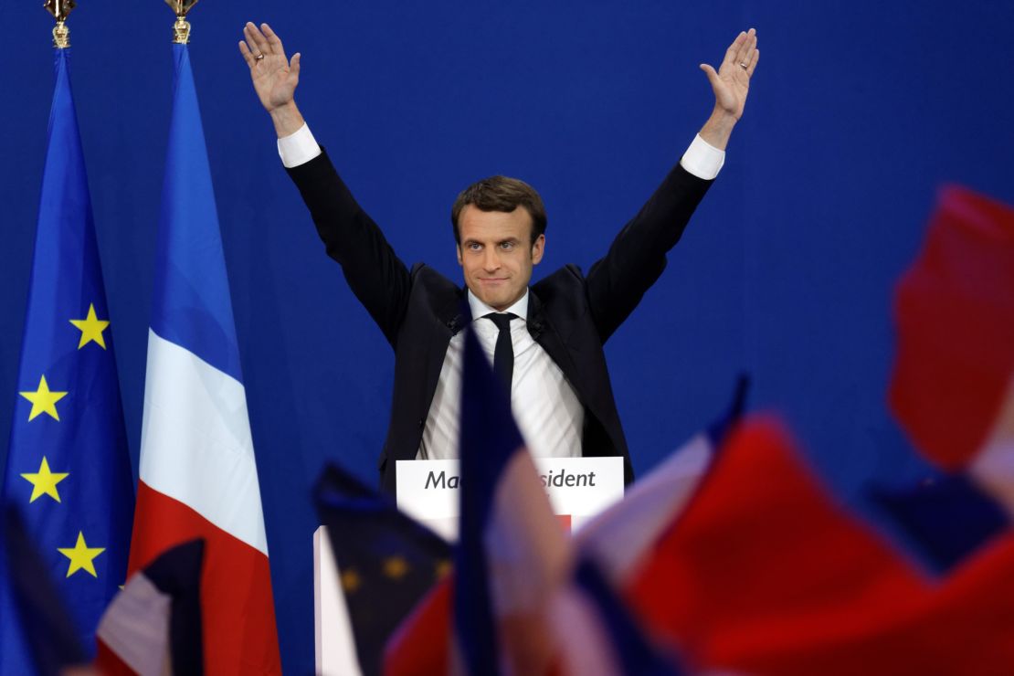 Macron was in jubilant mood after winning the first round of voting.