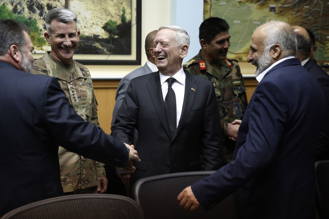 US Defense Secretary James Mattis and US Army General John Nicholson, the top US commander in Afghanistan, meet with Afghanistan's National Directorate of Security Director Mohammad Masoom Stanekzai and other members of the Afghan delegation at Resolute Support headquarters in Kabul in April.
