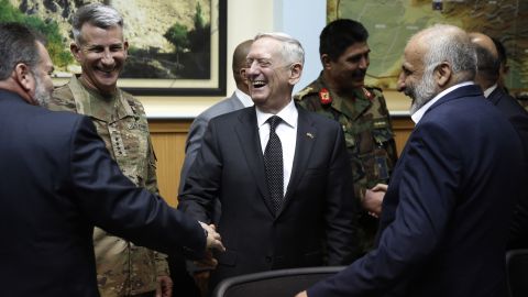 US Defense Secretary James Mattis and US Army General John Nicholson, the top US commander in Afghanistan, meet with Afghanistan's National Directorate of Security Director Mohammad Masoom Stanekzai and other members of the Afghan delegation at Resolute Support headquarters in Kabul in April.
