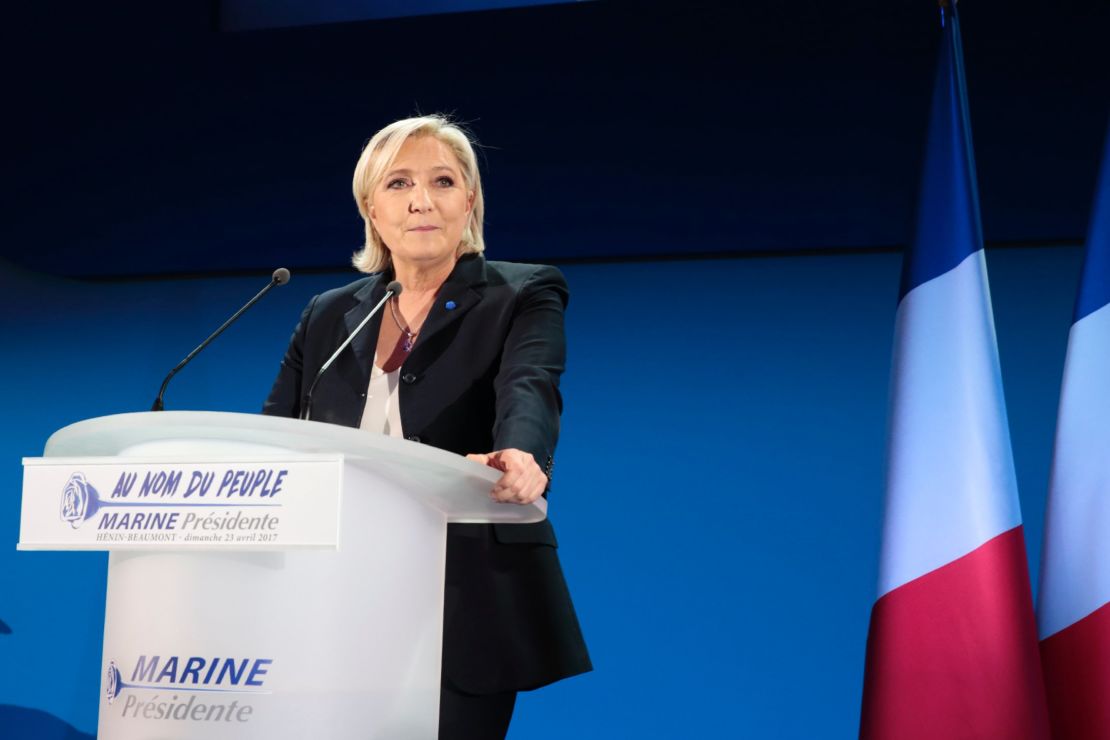 French far-right presidential candidate Marine Le Pen delivers a speech after making it through to the final round of voting.