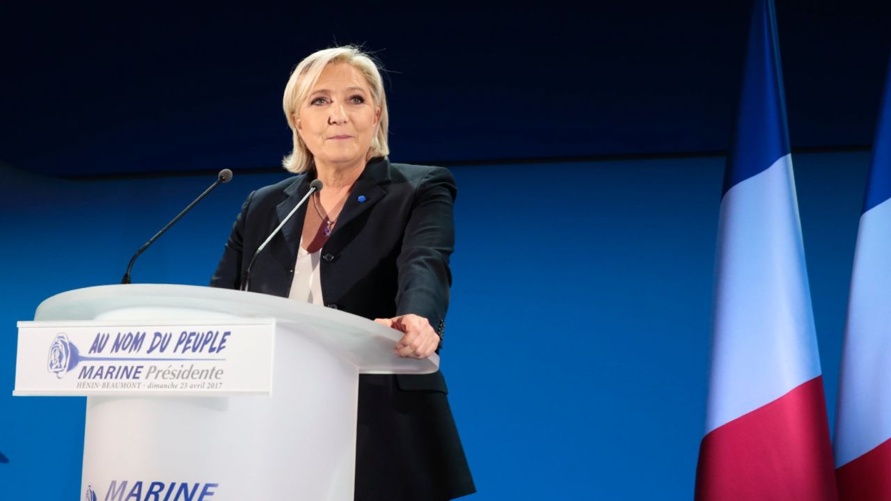 French far-right presidential candidate Marine Le Pen delivers a speech after making it through to the final round of voting.