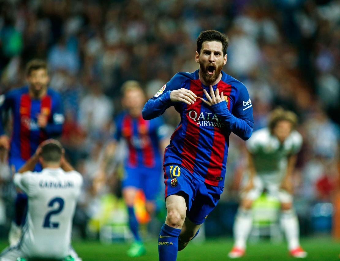 Messi celebrates after scoring in El Clasico.