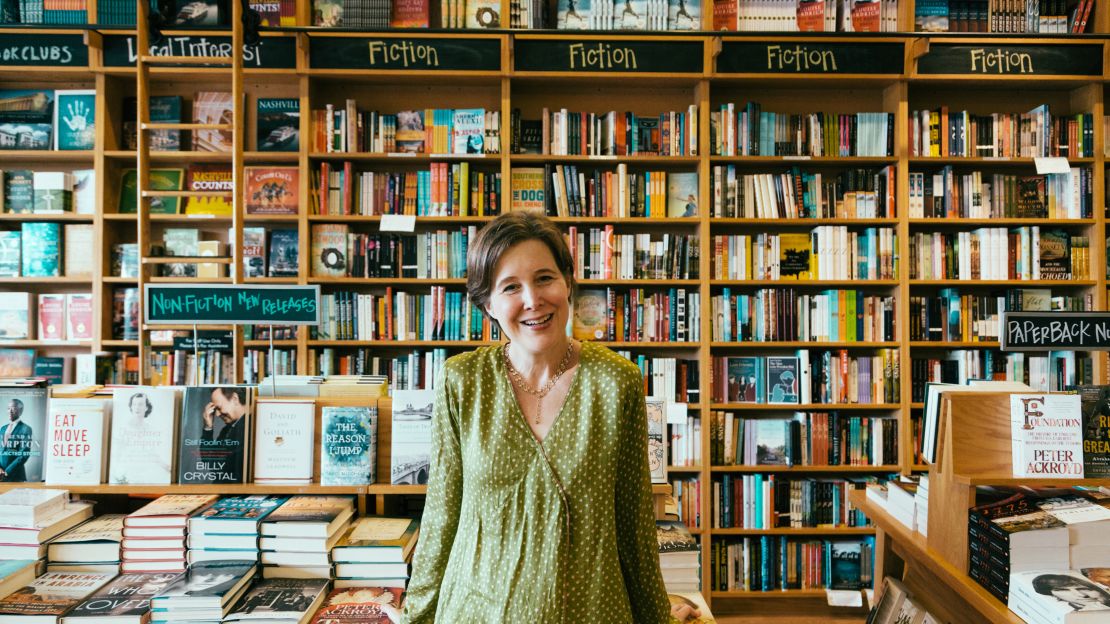 Author Ann Patchett posing at the bookstore she owns, Parnassus.