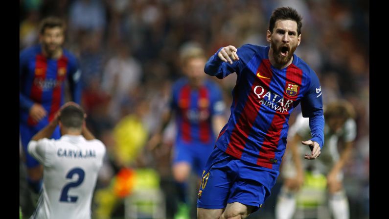 Barcelona star Lionel Messi celebrates after scoring a last-minute winner against rivals Real Madrid on Sunday, April 23. It was <a href="index.php?page=&url=http%3A%2F%2Fwww.cnn.com%2F2017%2F04%2F24%2Ffootball%2Fel-clasico-barcelona-real-madrid-leo-messi-cristiano-ronaldo-sergio-ramos%2F" target="_blank">the 500th goal of his illustrious career,</a> and it pushed Barcelona ahead of Madrid in the Spanish league table.