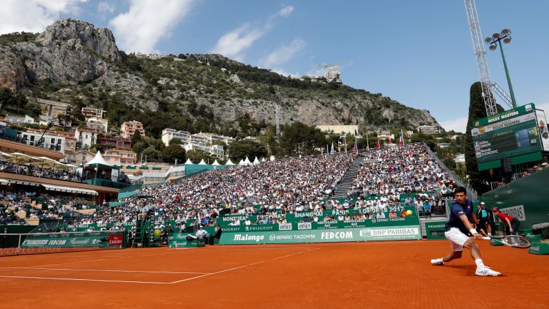Novak Djokovic plays a backhand during a match at the Monte-Carlo Masters on Tuesday, April 18. The tournament takes place in Roquebrune-Cap-Martin, France, which borders Monaco.