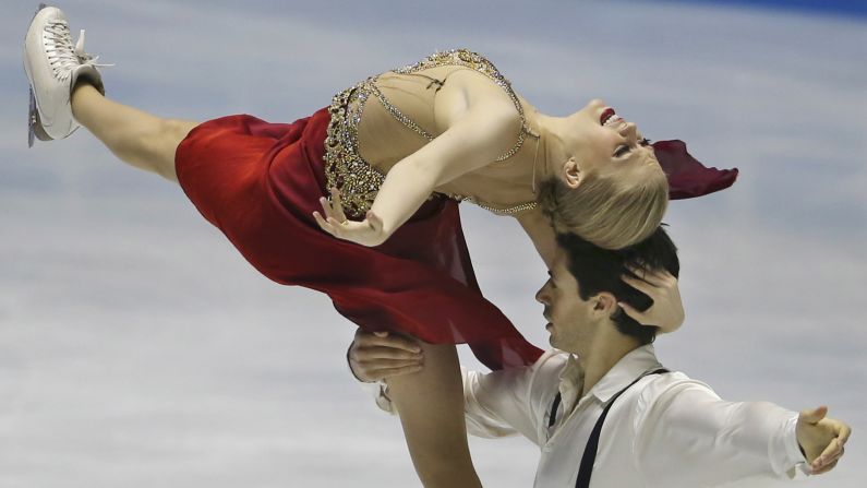 Canadian ice dancers Kaitlyn Weaver and Andrew Poje perform during the World Team Trophy event in Tokyo on Friday, April 21. They finished in first place.