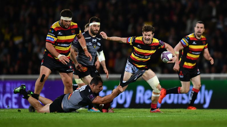 Gloucester's Billy Burns is tackled by La Rochelle's Jeremie Maurouard during a European Challenge Cup match on Saturday, April 22.