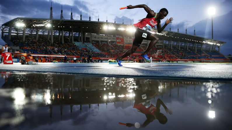 Kenyan sprinter Mark Otieno Odhiambo races in a 4x200 relay in Nassau, Bahamas, on Sunday, April 23.
