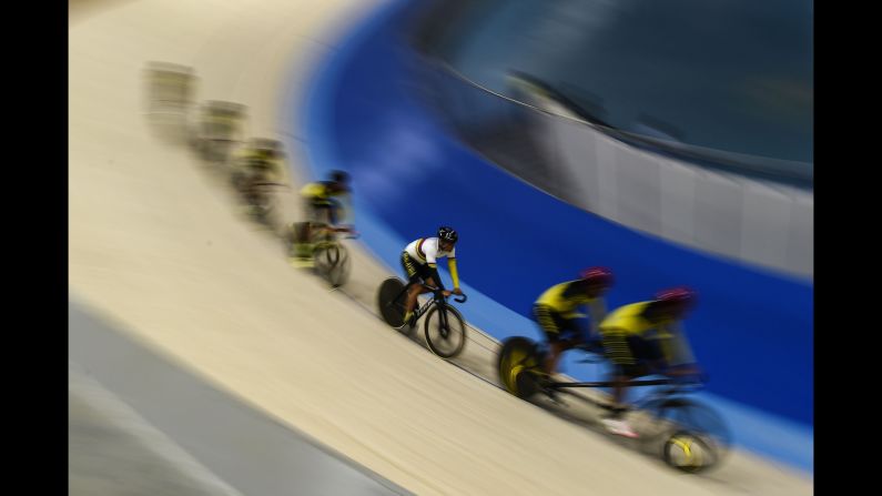 Cyclists test a new track in Nilai, Malaysia, on Thursday, April 20. The velodrome will host races during the Southeast Asian Games in August.