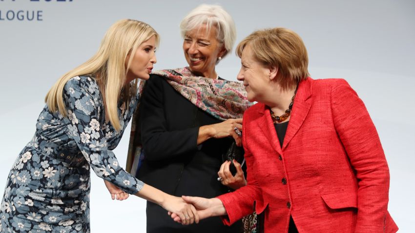 BERLIN, GERMANY - APRIL 25:  Ivanka Trump, daughter of U.S. President Donald Trump, International Monetary Fund (IMF) Managing Director Christine Lagarde and German Chancellor Angela Merkel talk on stage at the W20 conference on April 25, 2017 in Berlin, Germany. The conference, part of a series of events in connection with Germany's leadership of the G20 group of nations this year, focuses on women's empowerment, especially through entrepreneurship and the digital economy.  (Photo by Sean Gallup/Getty Images)