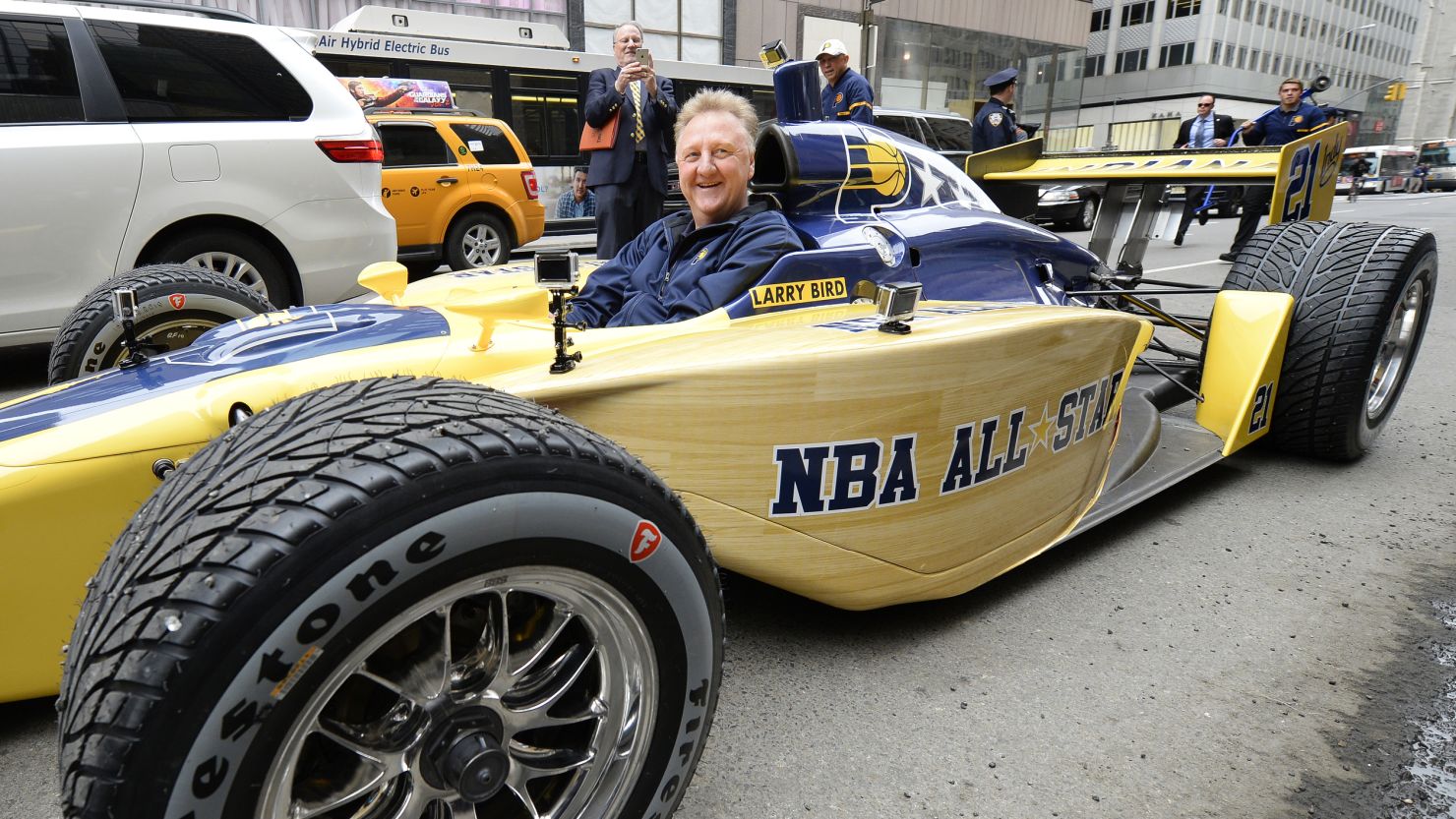 Basketball legend Larry Bird cruised up to NBA headquarters in an IndyCar racer on Monday.