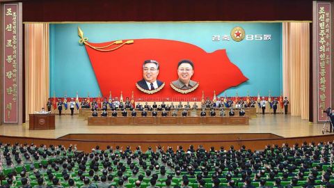 National meeting to mark North Korea's 85th anniversary of Army Day. This picture shows a national meeting inside the People's Palace of Culture in Pyongyang.