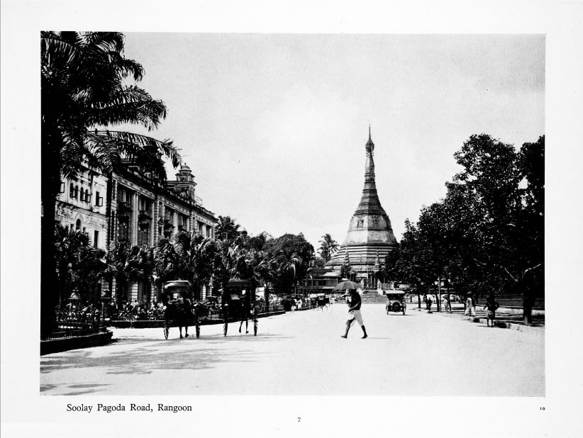 The hotel is located nearby the 2,000-year-old Sule Pagoda, seen here in the 1800s.