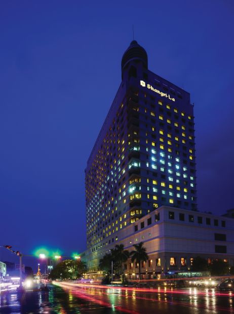The exterior of the Sule Shangri-La is modern. 