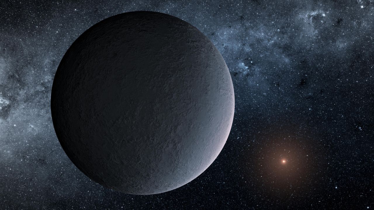 This artist's concept shows OGLE-2016-BLG-1195Lb, a planet orbiting an incredibly faint star 13,000 light-years away from us. It is an "iceball" planet with temperatures reaching minus-400 degrees Fahrenheit. 