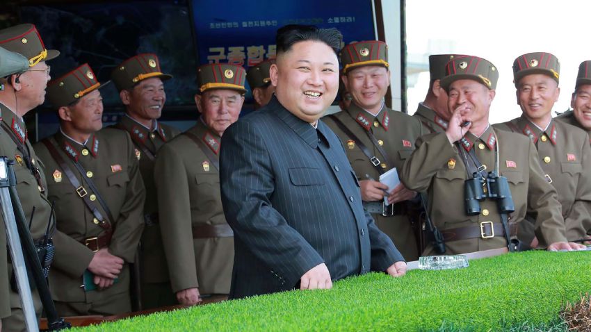 This undated picture released by North Korea's official Korean Central News Agency (KCNA) on April 26, 2017 shows North Korean leader Kim Jong-Un (C) attending the combined fire demonstration of the services of the Korean People's Army in celebration of its 85th founding anniversary at the airport of eastern front. / AFP PHOTO / KCNA VIA KNS / STR / South Korea OUT / REPUBLIC OF KOREA OUT ---EDITORS NOTE--- RESTRICTED TO EDITORIAL USE - MANDATORY CREDIT "AFP PHOTO/KCNA VIA KNS" - NO MARKETING NO ADVERTISING CAMPAIGNS - DISTRIBUTED AS A SERVICE TO CLIENTS
THIS PICTURE WAS MADE AVAILABLE BY A THIRD PARTY. AFP CAN NOT INDEPENDENTLY VERIFY THE AUTHENTICITY, LOCATION, DATE AND CONTENT OF THIS IMAGE. THIS PHOTO IS DISTRIBUTED EXACTLY AS RECEIVED BY AFP. / (Photo credit should read STR/AFP/Getty Images)