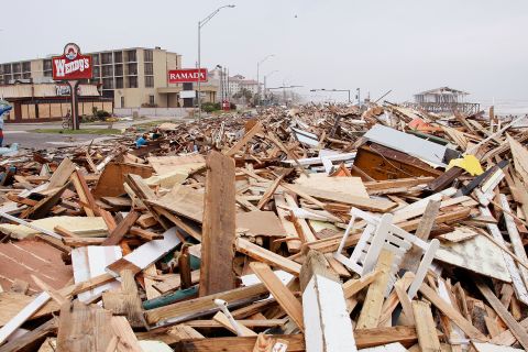 Debris deposited by Hurricane Ike covers Seawall Boulevard in Galveston, Texas, hours after landfall on September 13, 2008. 