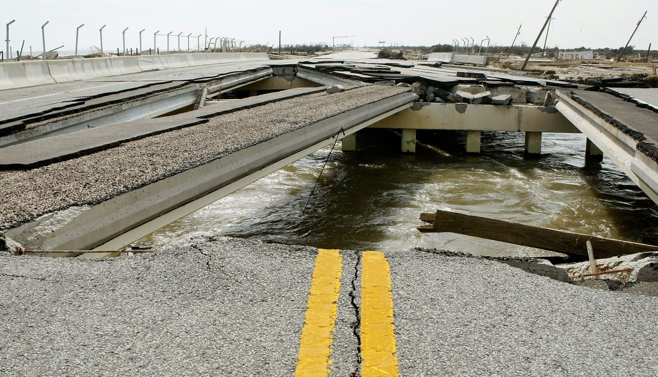 A bridge on Highway 87 in Gilchrist, Texas, remains in tatters on September 17, 2008, days after Hurricane Ike slammed the area. 