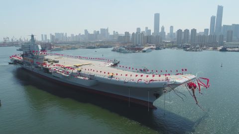The newly-built aircraft carrier is transferred from dry dock into the water on April 26.