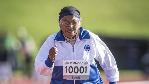 Centenarian Man Kaur, 101, competes in the 100m race at the 2017 World Masters Games in Auckland. 