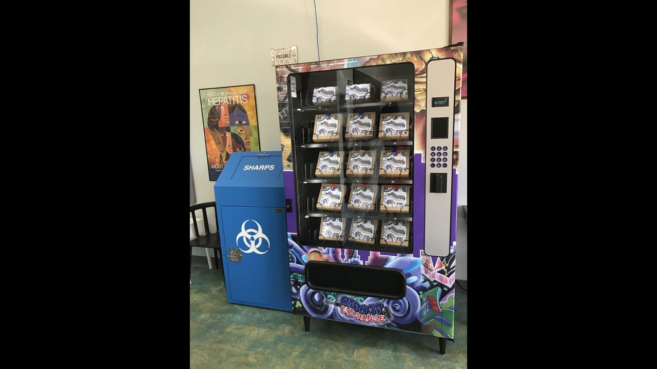 A needle exchange vending machine in Las Vegas allows intravenous drug users access to free, clean needles.