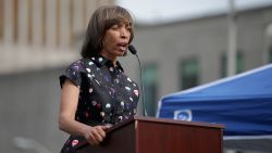Baltimore mayoral candidate and state Sen. Catherine Pugh addresses a rally to mark the anniversary of the death of city resident Freddie Gray at the War Memorial Plaza across from the City Hall April 25, 2016 in Baltimore, Maryland.
