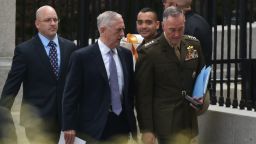 US Defense Secretary James Mattis (L) and Chairman of the Joint Chiefs of Staff Joseph Dunford are seen on West Executive Drive after briefing US senators on the situation in North Korea in the Eisenhower Executive Office Building, next to the White House on April 26, 2017 in Washington, DC. / AFP PHOTO / MANDEL NGAN        (Photo credit should read MANDEL NGAN/AFP/Getty Images)