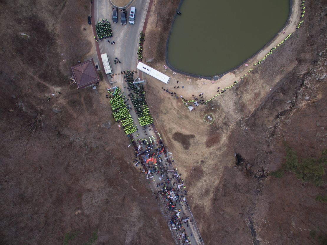 An aerial photograph shows a protest at the site of a recently installed anti Terminal High Altitude Area Defense (THAAD) system, in Seongju, South Korea, on March 18.