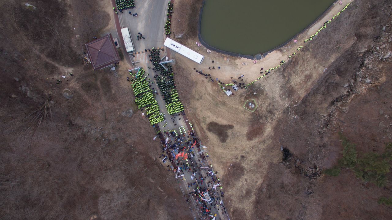 An aerial photograph shows a protest at the site of a recently installed anti Terminal High Altitude Area Defense (THAAD) system, in Seongju, South Korea, on March 18.