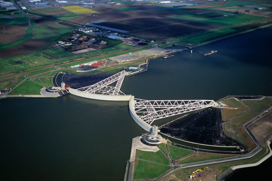 Rotterdam, Netherlands. Closed Storm Surge Barrier, called Maeslant Barrier or Maeslantkering. Part of the Delta Works. 