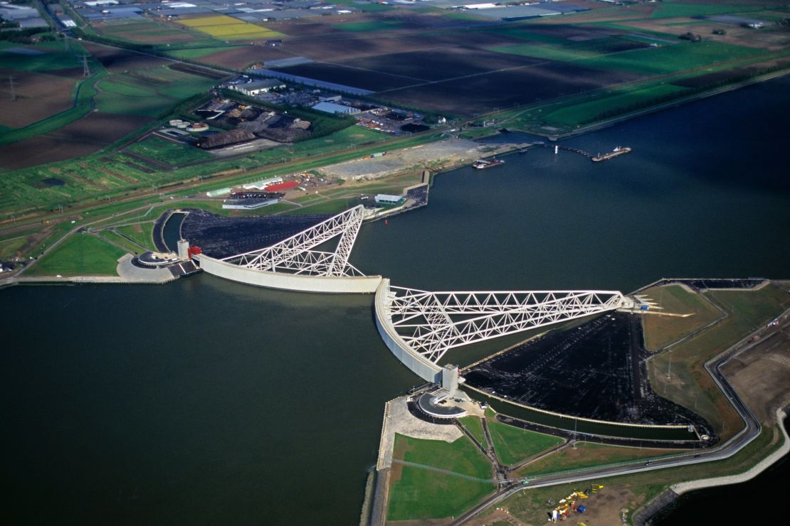 Rotterdam, Netherlands. Closed Storm Surge Barrier, called Maeslant Barrier or Maeslantkering. Part of the Delta Works.