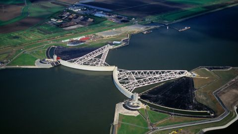 Rotterdam, Netherlands. Closed Storm Surge Barrier, called Maeslant Barrier or Maeslantkering. Part of the Delta Works. 