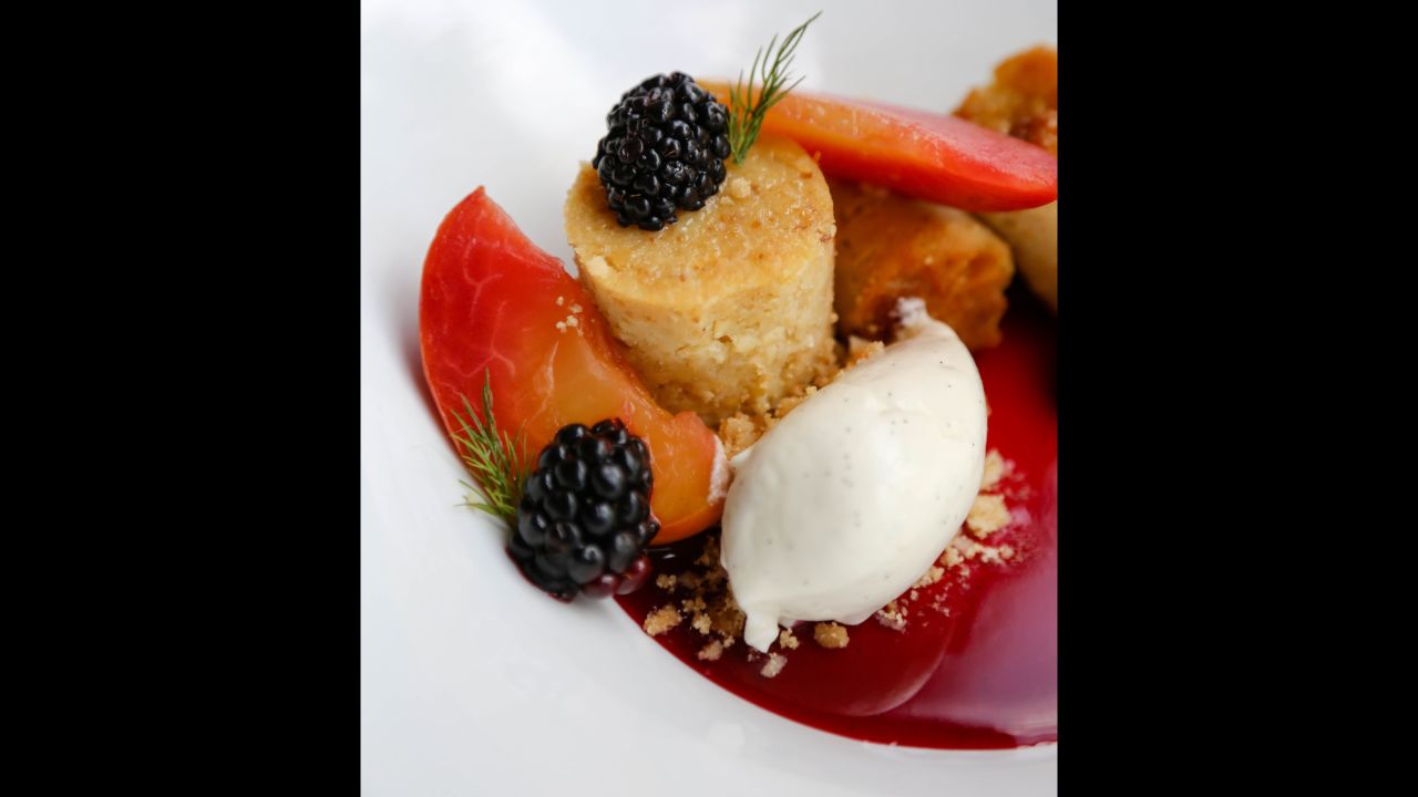 Cornbread pudding + peaches + blackberry caramel + buttermilk.