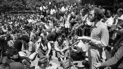 Mario Savio, right, speaks at a "Peoples Park" free-speech rally at UC Berkeley in June 1969. 