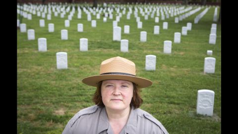 Elizabeth Dinger is the lead park ranger at Poplar Grove National Cemetery in Dinwiddie County, Virginia. "These men died fighting for their country ... putting this right is the last nice thing we can do for these soldiers," she said.