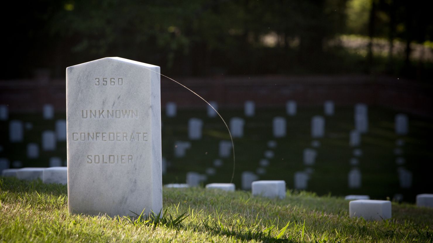 Petersburg, VA - April 26: A few Confederate soldiers are buried at Poplar Grove National Cemetery, their grave markers are distinguished by a pointed, instead of rounded, top. (Photo by Julia Rendleman for CNN)