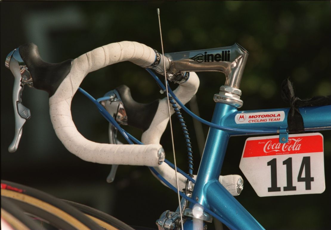 The bike ridden by Fabio Casartelli when he crashed and died during the 1995 Tour de France is on display in the chapel.