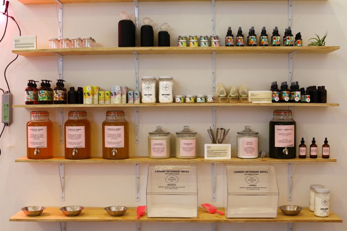Bottles and jars line shelves at Package Free, a New York store that aims to reduce package waste and sell sustainable products.