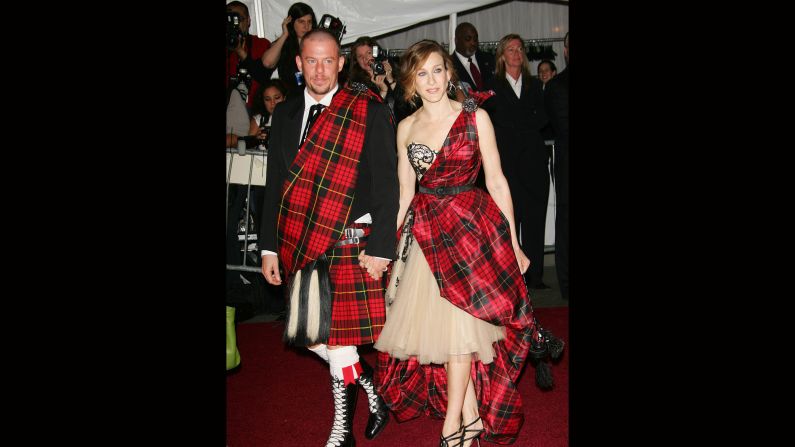 Designer Alexander McQueen is pictured with actress Sarah Jessica Parker in 2006, the theme was "AngloMania: Tradition and Transgression in British Fashion."