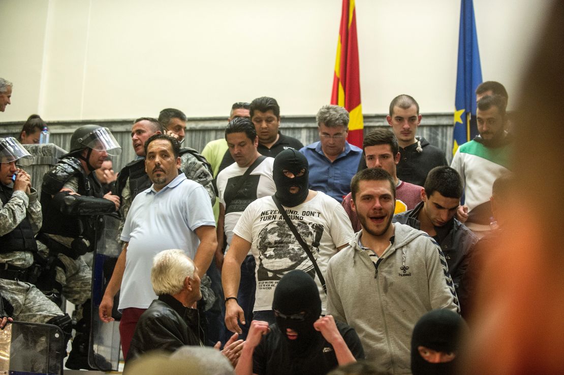 Protesters demonstrate inside Macedonia's parliament to protest against against what they said was an unfair vote to elect a parliamentary speaker.