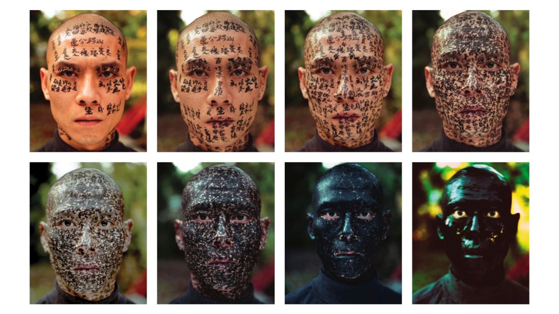 Zhang Huan's performance piece "Family Tree" uses his own body as a site to explore social phenomena. Calligraphers slowly coat his face with phrases, from political slogans of Mao Zedong to observations about Zhang's skull. The sequence tugs at the tension between the self and society, letting viewers ponder at what point one supersedes the other.