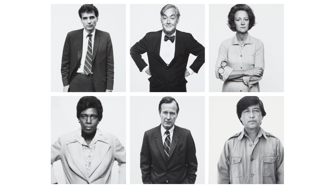 Portraitist Richard Avedon's 1976 series "The Family" included 69 photographs of key American political figures -- here, for example, Ralph Nader, Daniel Patrick Moynihan, Katherine Graham, Barbara Jordan, George H.W. Bush, and Cesar Chavez -- revealing the dominant power structure of the day. 