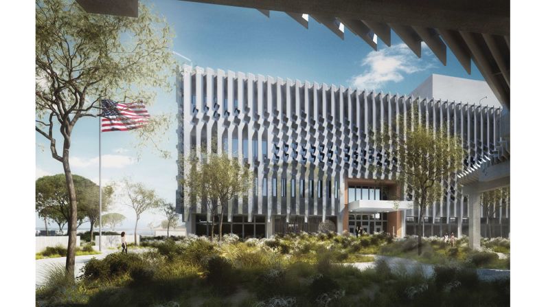 The new embassy in Mozambique is on a 10-acre campus in the capital city of Maputo. Elements that attempt to balance security with transparency include a patterned brise-soleil, or screen, on the exterior. It is under construction with a budget of $253 million. 